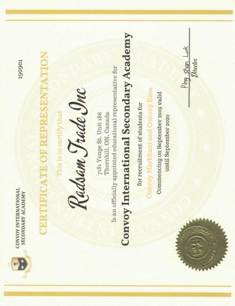 Convoy Intenational Academy Representative Certificate
